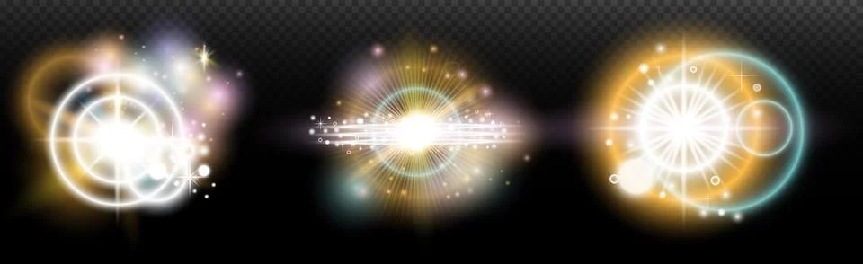 Set of flash light effect with glare and glow on a transparent background. Ma Stock Illustration