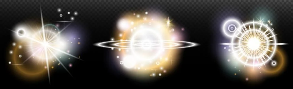 Set of flash light effect with glare and glow on a transparent background. Ma Stock Illustration