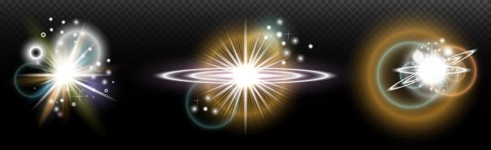 Set of flash light effect with glare and glow on a transparent background. Ma Illustrazione stock