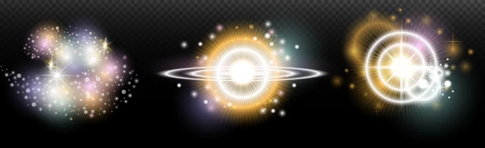 Set of flash light effect with glare and glow on a transparent background. Ma Illustrazione stock