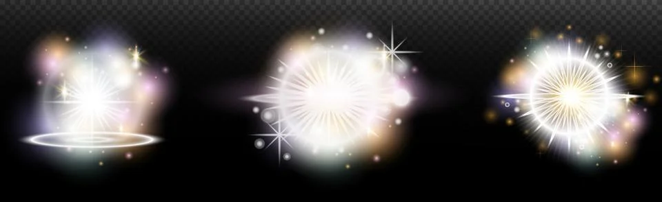 Set of flash light effect with glare and glow on a transparent background. Ma Stock Illustration