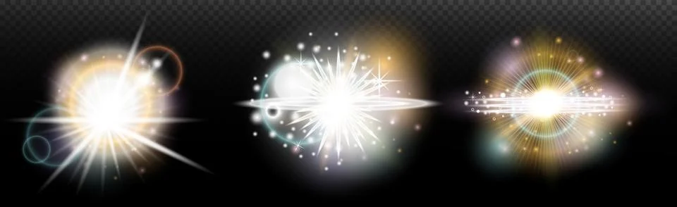 Set of flash light effect with glare and glow on a transparent background. Ma 스톡 일러스트
