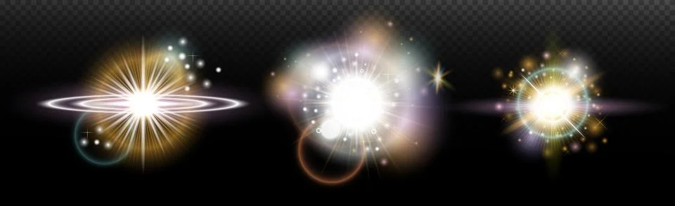 Set of flash light effect with glare and glow on a transparent background. Ma Illustrazione stock