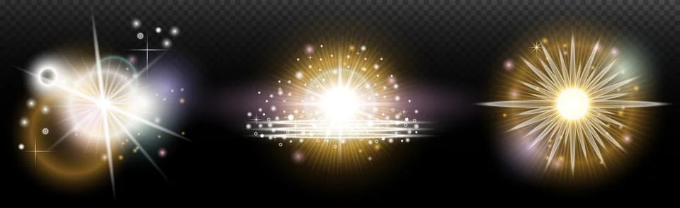 Set of flash light effect with glare and glow on a transparent background. Ma 스톡 일러스트