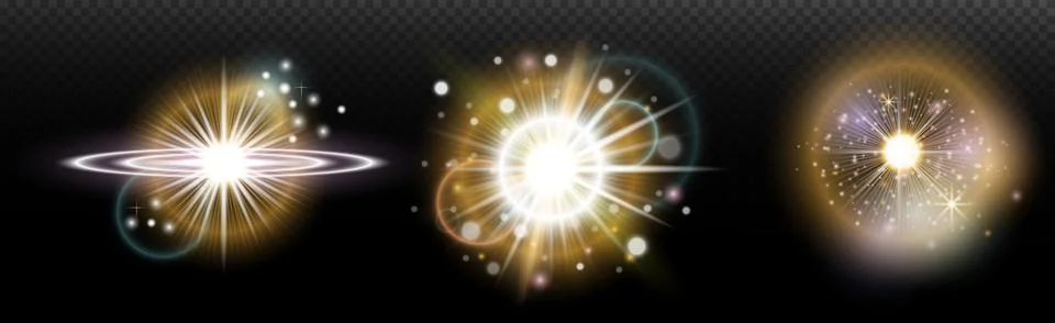Set of flash light effect with glare and glow on a transparent background. Ma Stock Illustration
