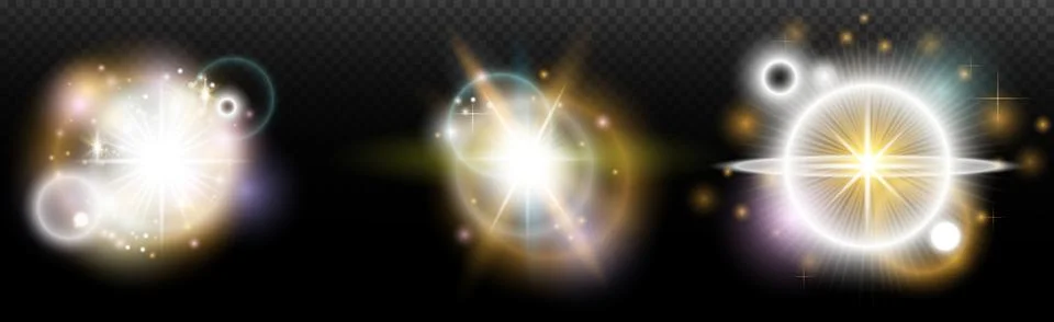 Set of flash light effect with glare and glow on a transparent background. Ma Stock Illustration