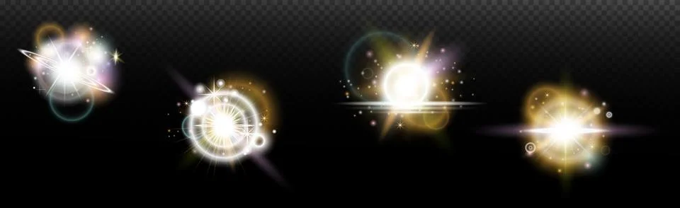 Set of flash light effect with glare and glow on a transparent background. Ma 스톡 일러스트