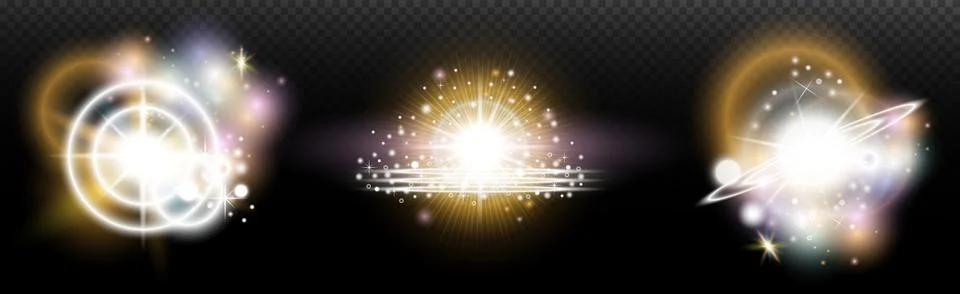 Set of flash light effect with glare and glow on a transparent background. Ma 스톡 일러스트