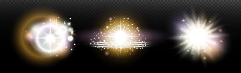 Set of flash light effect with glare and glow on a transparent background. Ma Illustrazione stock