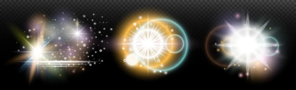 Set of flash light effect with glare and glow on a transparent background. Ma Stock Illustration