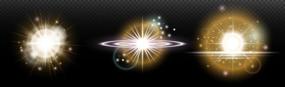 Set of flash light effect with glare and glow on a transparent background. Ma Stock Illustration