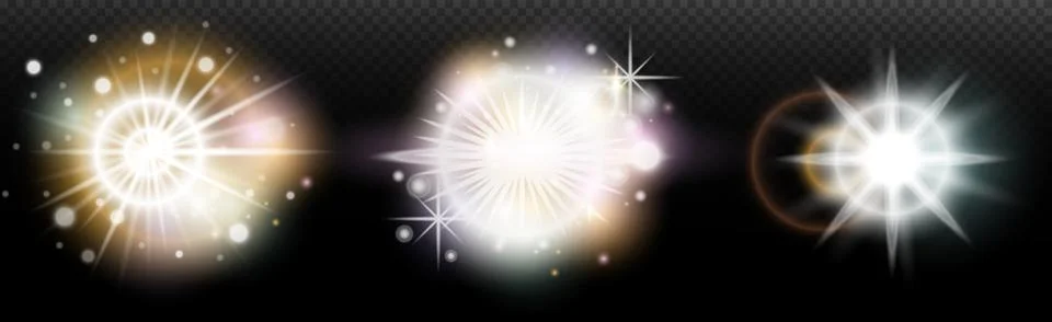 Set of flash light effect with glare and glow on a transparent background. Ma Stock Illustration