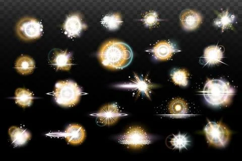 Set of flash light effect with glare and glow on a transparent background. Ma Illustrazione stock