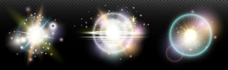 Set of flash light effect with glare and glow on a transparent background. Ma Stock Illustration