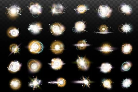 Set of flash light effect with glare and glow on a transparent background. Ma Stock Illustration