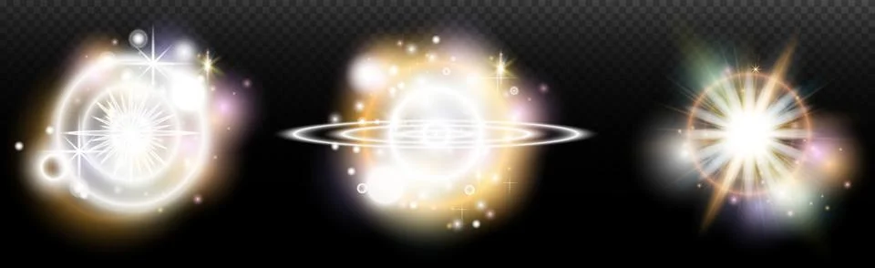 Set of flash light effect with glare and glow on a transparent background. Ma Illustrazione stock