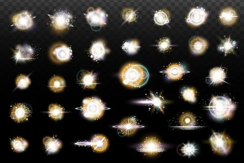 Set of flash light effect with glare and glow on a transparent background. Ma Illustrazione stock