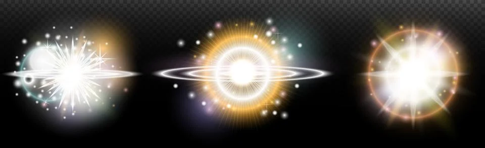 Set of flash light effect with glare and glow on a transparent background. Ma Illustrazione stock