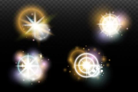Set of flash light effect with glare and glow on a transparent background. Ma 스톡 일러스트