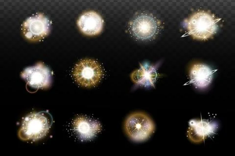Set of flash light effect with glare and glow on a transparent background. Ma Stock Illustration