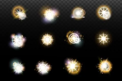 Set of flash light effect with glare and glow on a transparent background. Ma 스톡 일러스트