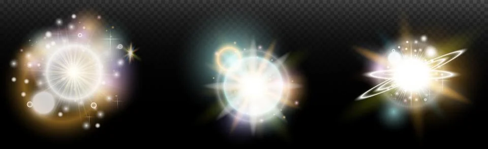 Set of flash light effect with glare and glow on a transparent background. Ma 스톡 일러스트