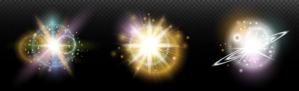 Set of flash light effect with glare and glow on a transparent background. Ma Illustrazione stock