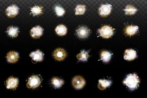 Set of flash light effect with glare and glow on a transparent background. Ma 스톡 일러스트