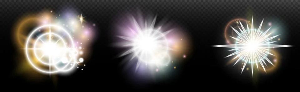 Set of flash light effect with glare and glow on a transparent background. Ma 스톡 일러스트