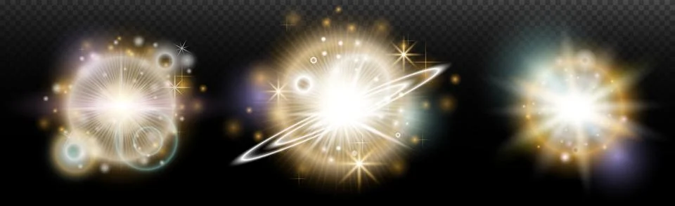 Set of flash light effect with glare and glow on a transparent background. Ma 스톡 일러스트