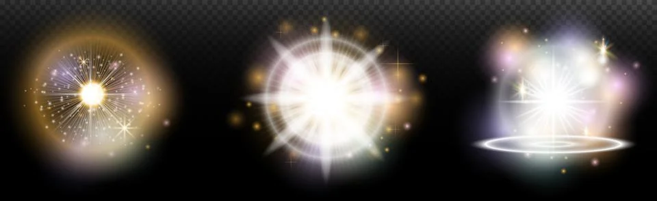 Set of flash light effect with glare and glow on a transparent background. Ma Illustrazione stock