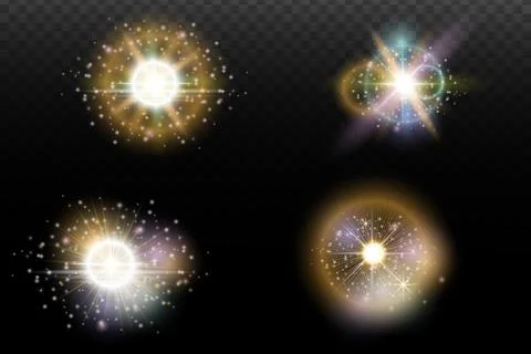 Set of flash light effect with glare and glow on a transparent background. Ma Illustrazione stock