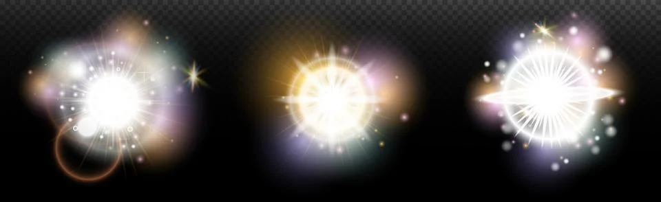 Set of flash light effect with glare and glow on a transparent background. Ma Stock Illustration
