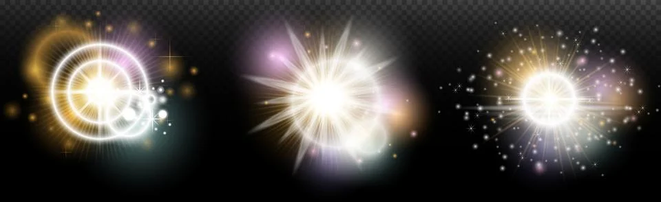 Set of flash light effect with glare and glow on a transparent background. Ma 스톡 일러스트