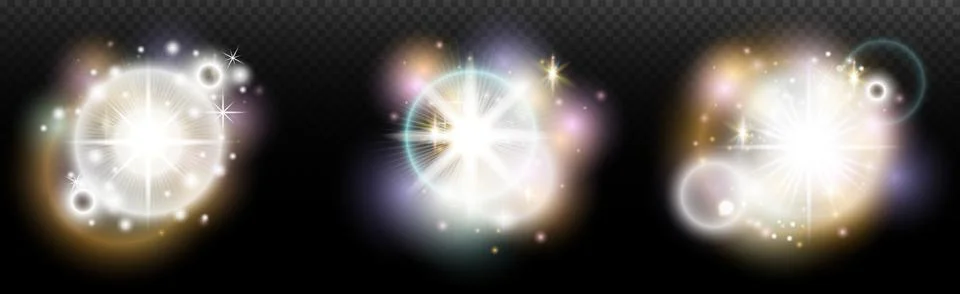 Set of flash light effect with glare and glow on a transparent background. Ma Illustrazione stock