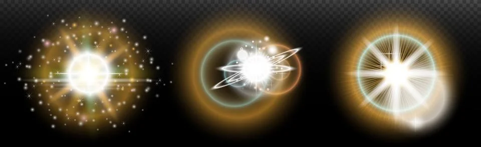 Set of flash light effect with glare and glow on a transparent background. Ma Stock Illustration
