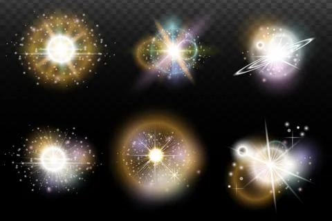 Set of flash light effect with glare and glow on a transparent background. Ma Illustrazione stock