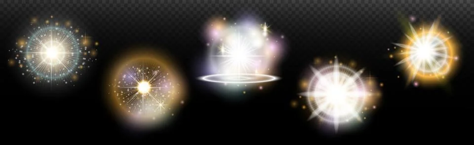 Set of flash light effect with glare and glow on a transparent background. Ma 스톡 일러스트