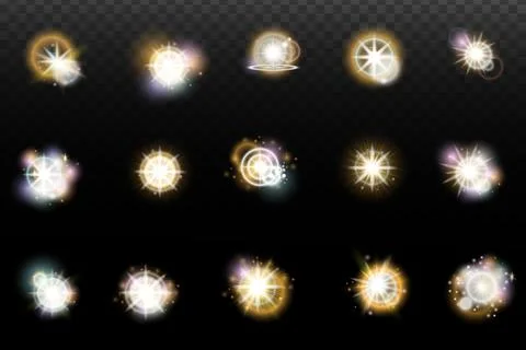 Set of flash light effect with glare and glow on a transparent background. Ma 스톡 일러스트