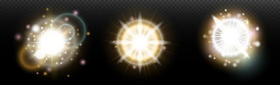Set of flash light effect with glare and glow on a transparent background. Ma Illustrazione stock