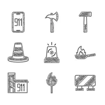 Set Flasher siren, Burning match with fire, Road barrier, Pan, Building of Ilustración de archivo