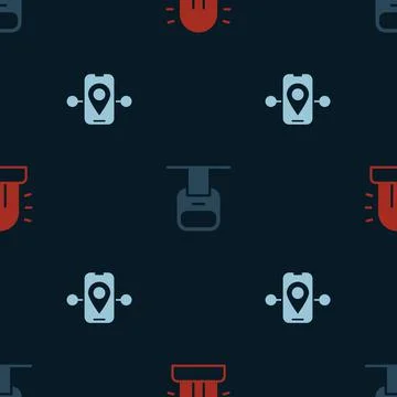 Set Flasher siren, Cable car and Route location on seamless pattern. Vector 스톡 일러스트