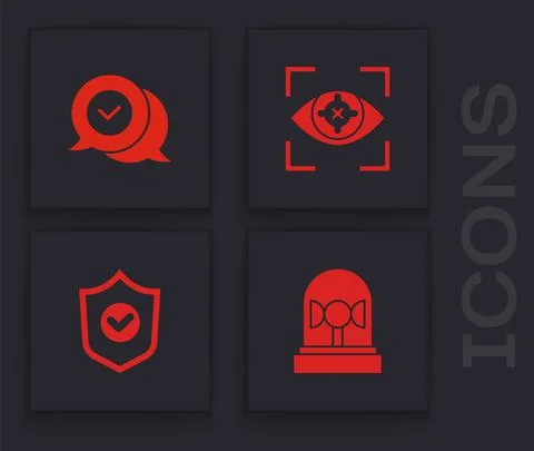 Set Flasher siren, Check mark in speech bubble, Eye scan and Shield with check Stock Illustration