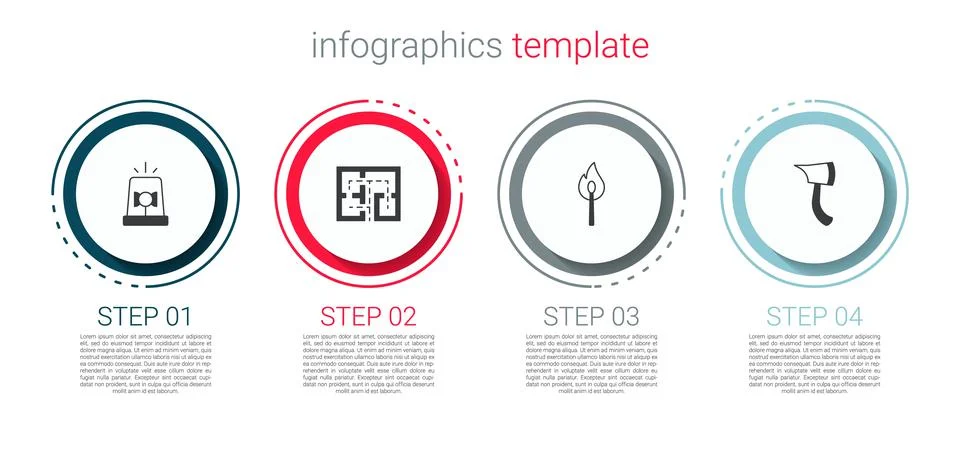 Set Flasher siren, Evacuation plan, Burning match with fire and Firefighter axe Illustration