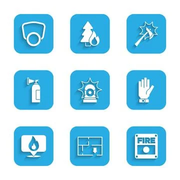 Set Flasher siren, Evacuation plan, Fire alarm system, Firefighter gloves, .. Illustration