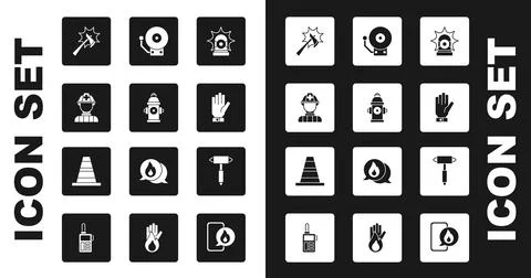 Set Flasher siren, Fire hydrant, Firefighter, axe, gloves, Ringing alarm bell Illustration