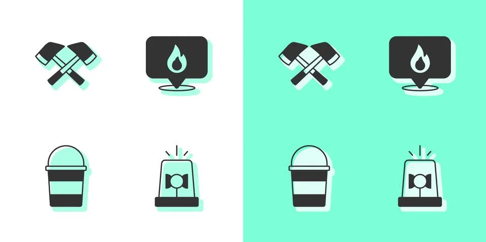 Set Flasher siren, Firefighter axe, bucket and Location with fire flame icon Illustration
