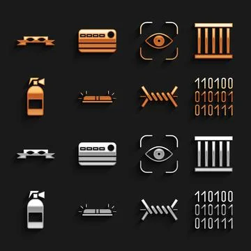 Set Flasher siren, Prison window, Binary code, Barbed wire, Fire extinguisher Stock Illustration
