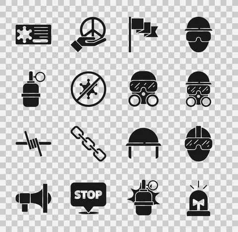 Set Flasher siren, Special forces soldier, Gas mask, Location marker, Protest Stock Illustration