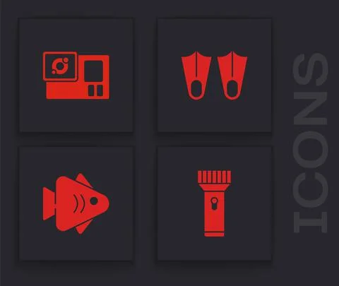 Set Flashlight, Action camera, Rubber flippers and Fish icon. Vector Stock Illustration